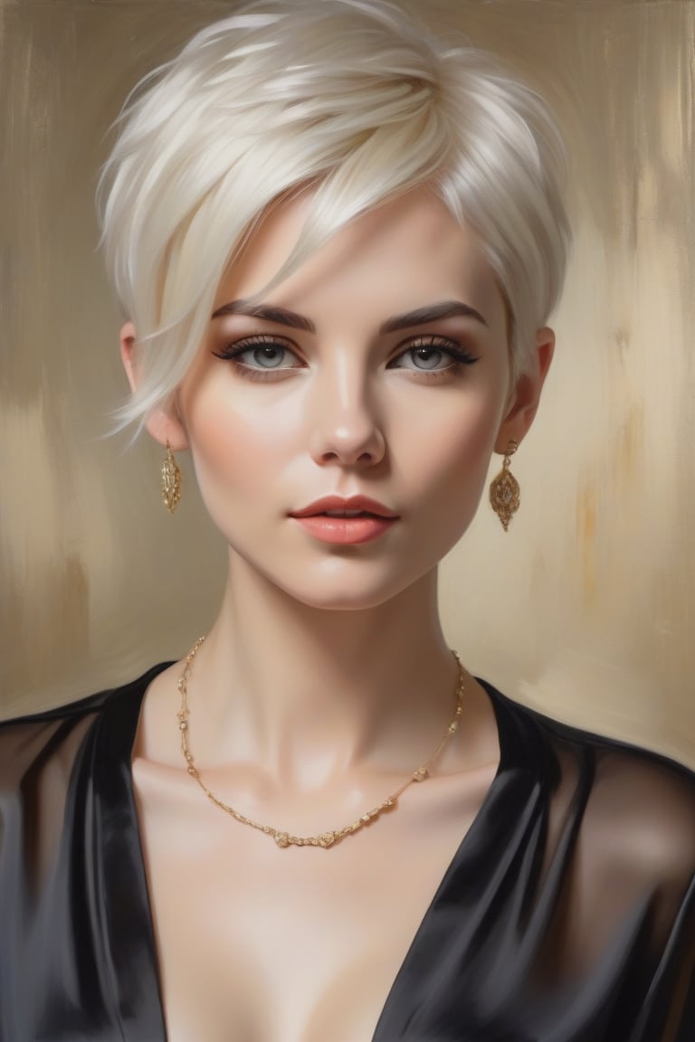 Oil Painting Art.Portrait of a 30 years old classy slim minx women,  classy makeup,  platinum blonde long pixie hair cut b...