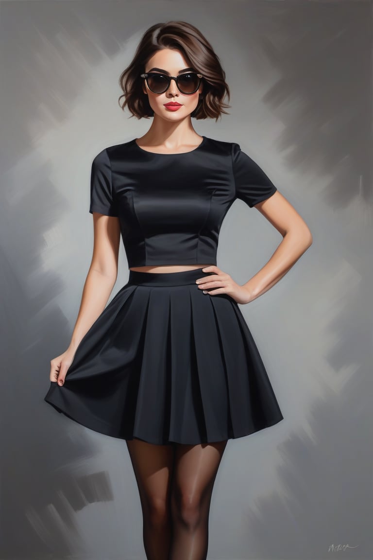 Oil painting art. Waist up portrait of a classy sexy minx slim woman 30 years old,  brunette long pixie hair cut,  black m...