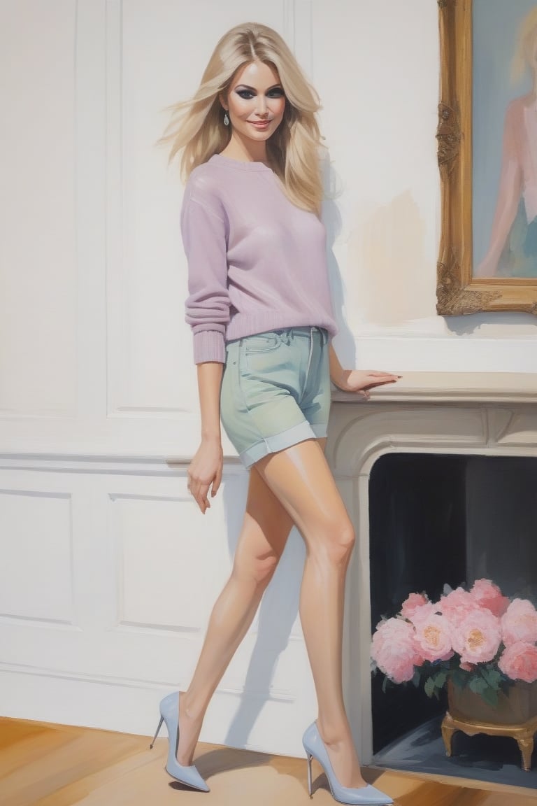 Oil Painting art, Full Lenght  Oil Painting image  of a 30 years old sexy classy minx woman, classy makeup,long blonde hair cut, disheveled, long eyelashes. She wears a pastel color crop sweater with short sleeves and nothing but a shiny pantyhose, stilettos pumps.Shy,Smil, looking down. She stands and has having an intimate moment at home. fashion illustration for  Harper's Bazaar,  (ensure to show the shoes)