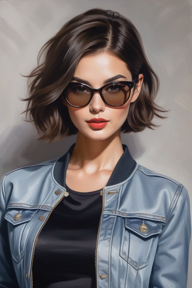 Oil painting art. Painting a waist up portrait of a classy sexy minx slim woman 30 years old,  brunette long pixie hair cu...
