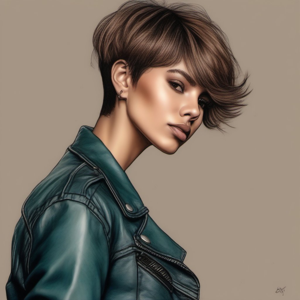 Drawing in color of a woman in pixie hair cut,  skinny laether jeans and leather jacket perfecto by user_74442264705151767...