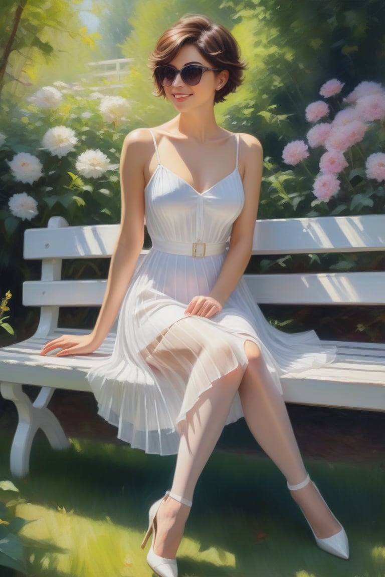 Oil Painting Art. Full Lenght anvasCof a classy sexy slim woman 30 years old,  brunette pixie hair cut,  disheveled by use...