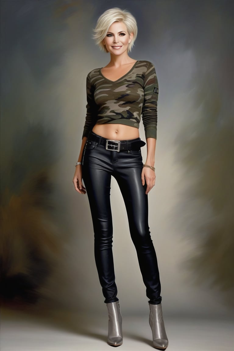 Oil Painting art, Full Lenght portrait of a 50 years old classy sexy minx woman, classy makeup, platinum blonde hair color, long pixie hair cut,  disheveled, she wears a Camouflage Knitted Women's Slim Fit T-Shirt, a black skinny leather jeans,silver buckle belt,stilletos pointed ankle boots. Posing in a elegant background, nice lightening, light smile, standing provocative and sexy