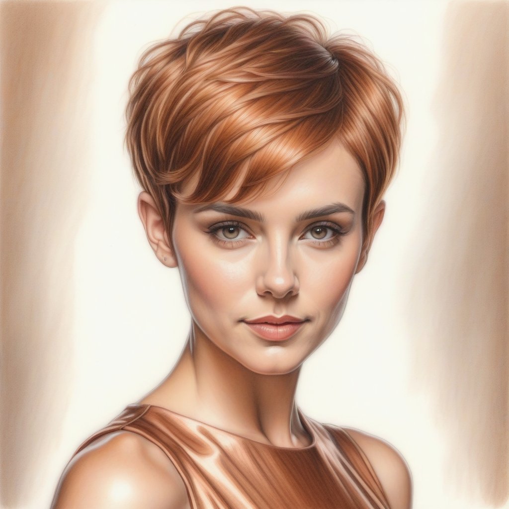 color pencil art,  draw in color pencil of a 30 years old sexy woman,  pixie hair cut copper by user_744422647051517677 on...