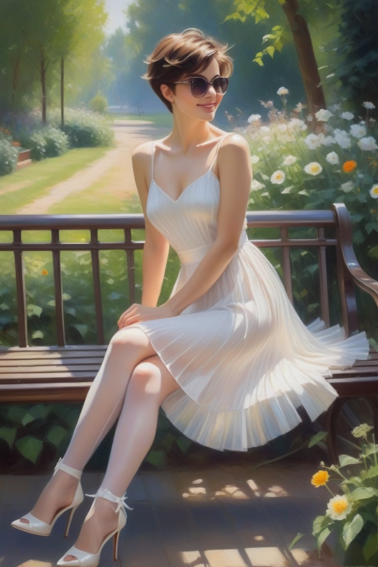 Oil Painting Art. Full Lenght anvasCof a classy sexy slim woman 30 years old,  brunette pixie hair cut,  disheveled by use...