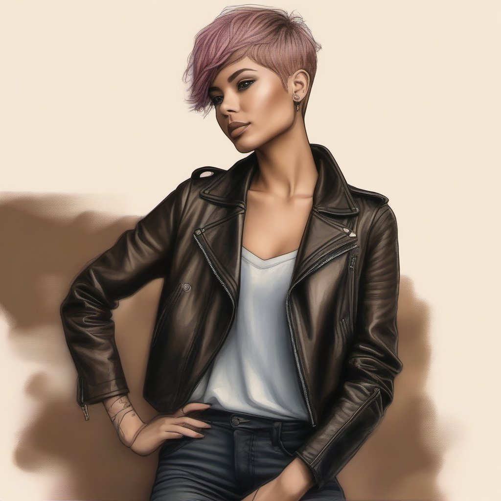 Drawing in color of a woman in pixie hair cut,  skinny leather jeans and leather jacket perfecto by user_74442264705151767...