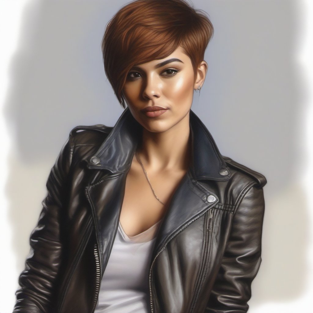 Drawing in color of a woman in pixie hair cut,  skinny leather jeans and leather jacket perfecto,  portrait by user_744422...