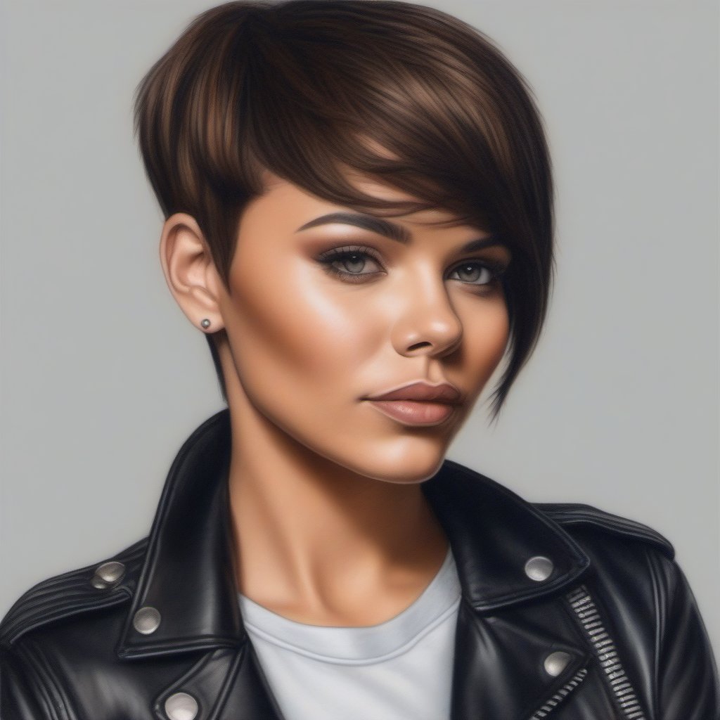 Color Pencil Art. Drawing in color of a woman in pixie hair cut,  raven hair color,  skinny leather jeans by user_74442264...