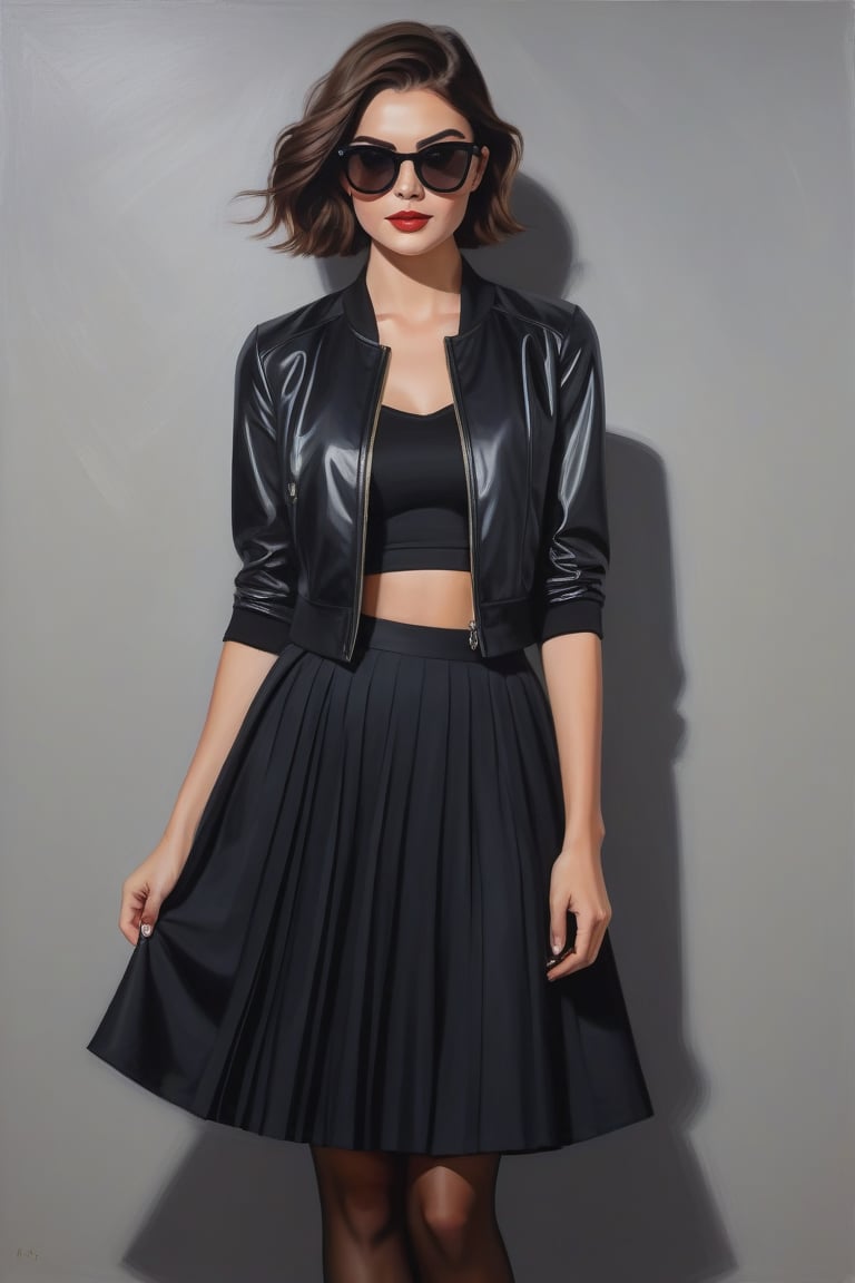 Oil painting art. Waist up portrait of a classy sexy minx slim woman 30 years old,  brunette long pixie hair cut,  black m...