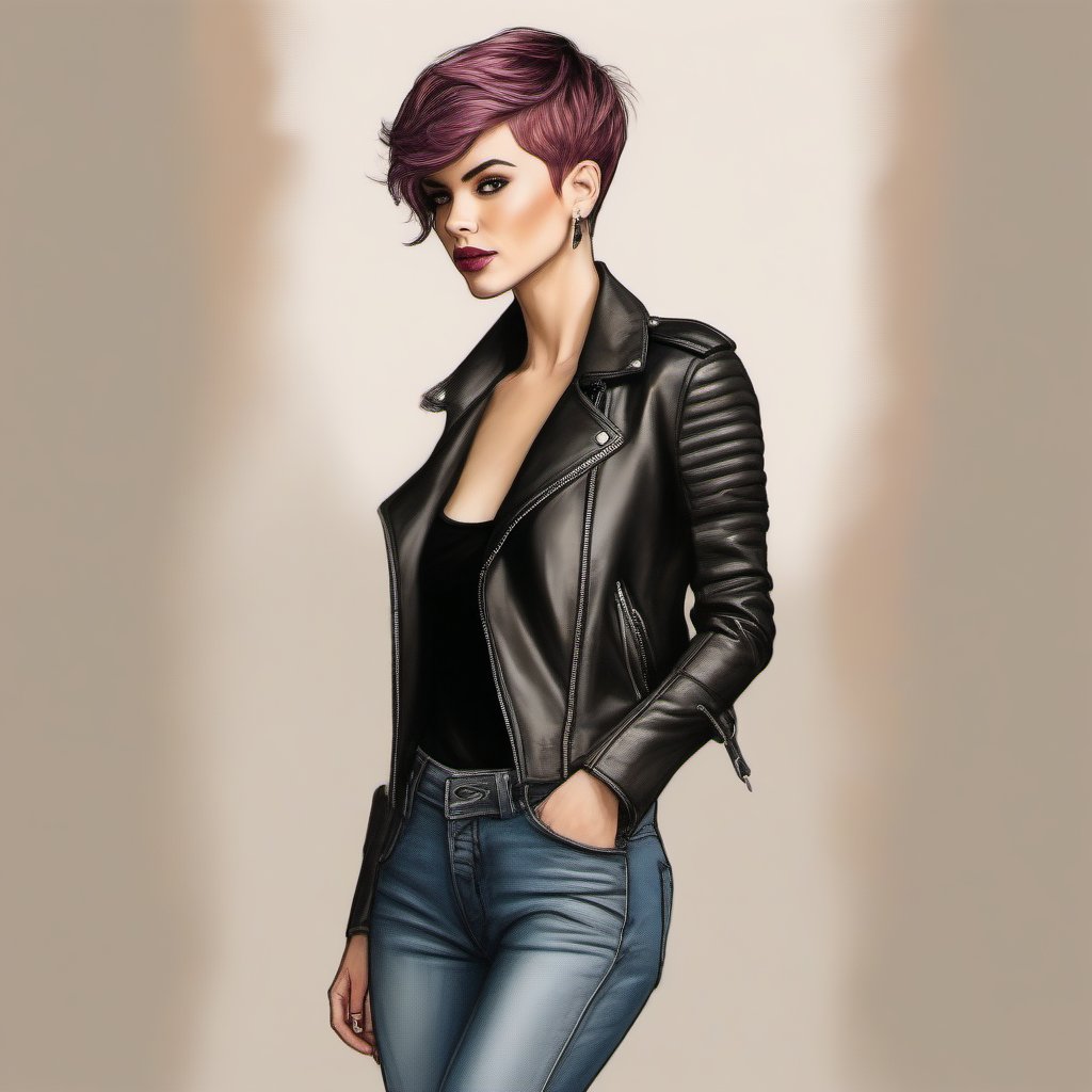 Drawing in color of a woman in pixie hair cut,  skinny laether jeans and leather jacket perfecto,  stilettos by user_74442...