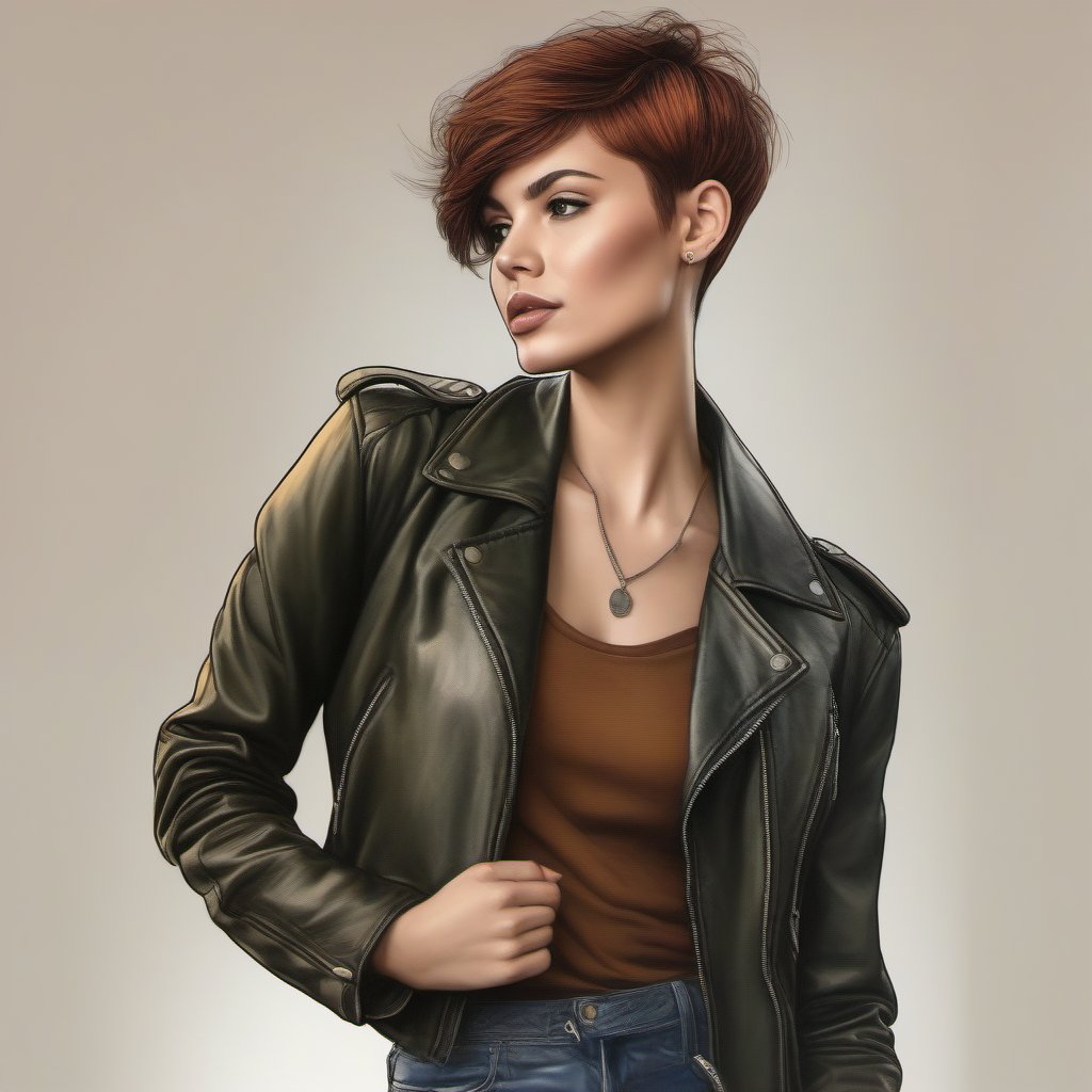 Drawing in color of a woman in pixie hair cut,  skinny leather jeans and leather jacket perfecto by user_74442264705151767...