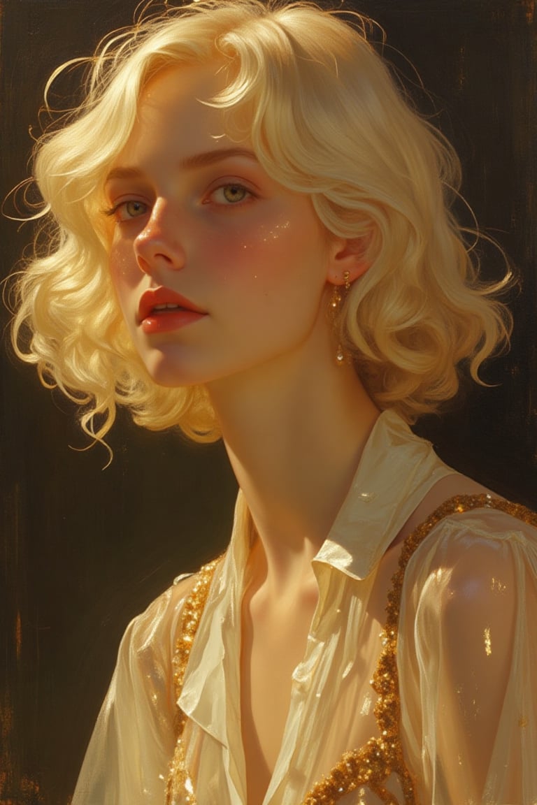 Oil Painting art,
Rolf Armstrong style
1920's style
3/4 side view
Close-up portrait of a young classy woman
Blonde long bob hair cut
glare from the golden light
Transparent elegant edwardian blouse
