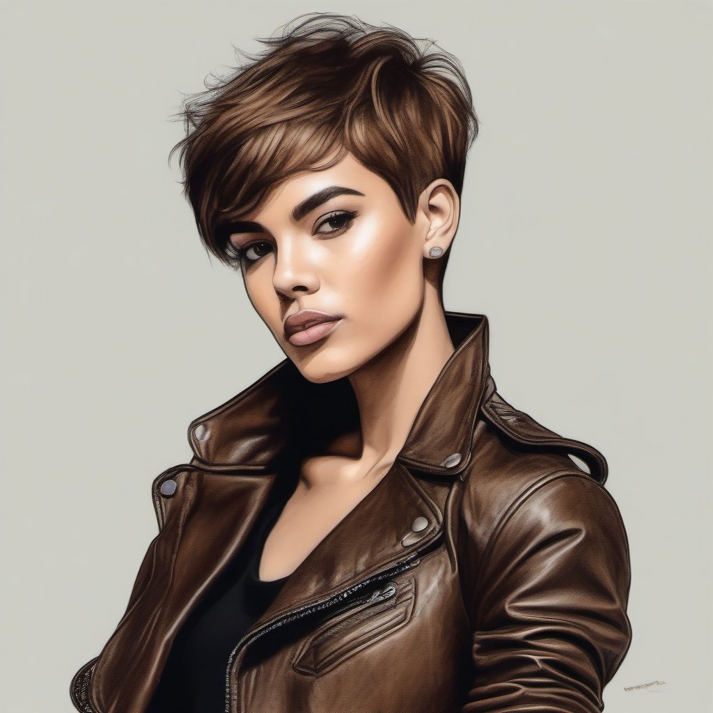 Drawing in color of a woman in pixie hair cut,  skinny leather jeans and leather jacket perfecto by user_74442264705151767...