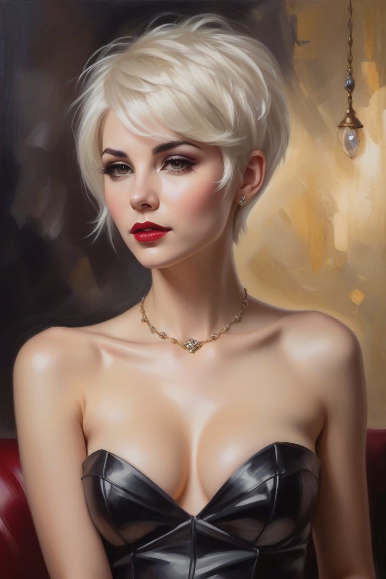 Oil Painting Art.Portrait of a 30 years old classy slim minx women,  classy makeup,  platinum blonde long pixie hair cut b...