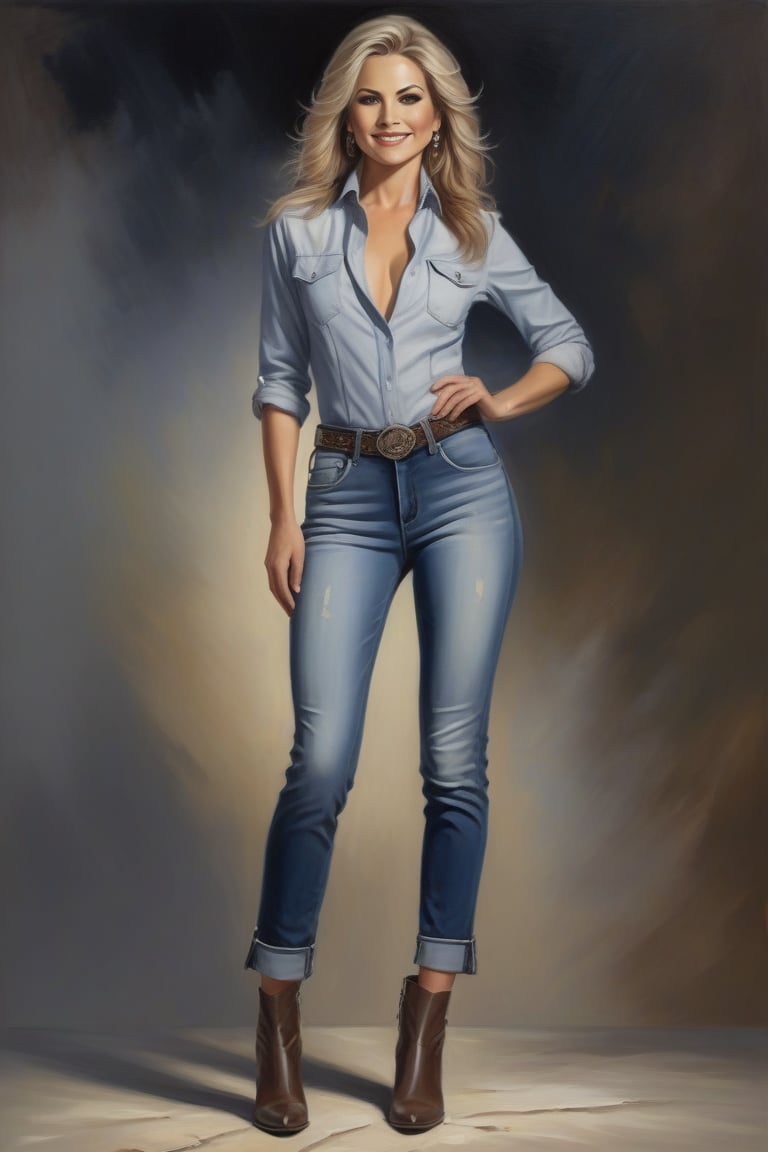 Oil Painting art, Full Lenght detailed portrait of a 50 years old classy sexy minx woman, classy makeup, ash blonde hair color, long hair cut,  disheveled, very short trousers that end just below the hip, made from jeans that have been cut short, , ankle western boots, Duke Style. Posing in a elegant background, nice lightening, confident smile, standing provocative and sexy, ultra realistic style