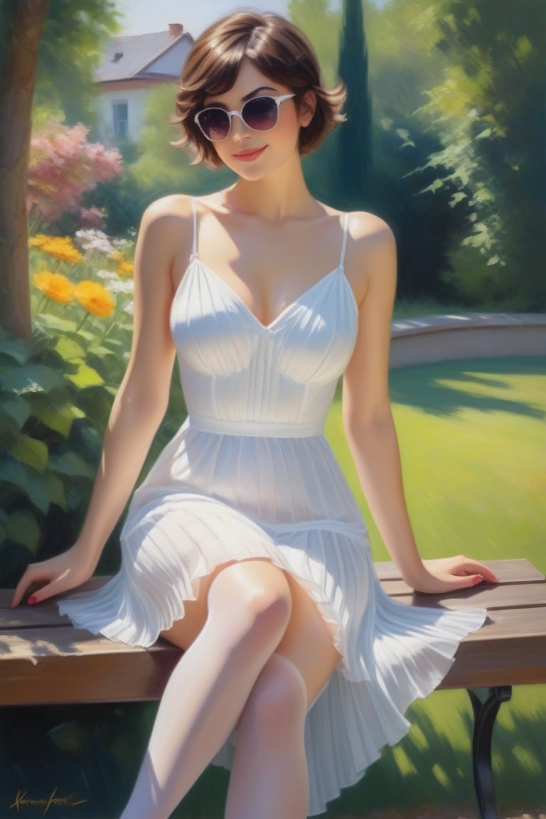 Oil Painting Art. Full Lenght anvasCof a classy sexy slim woman 30 years old,  brunette pixie hair cut,  disheveled by use...
