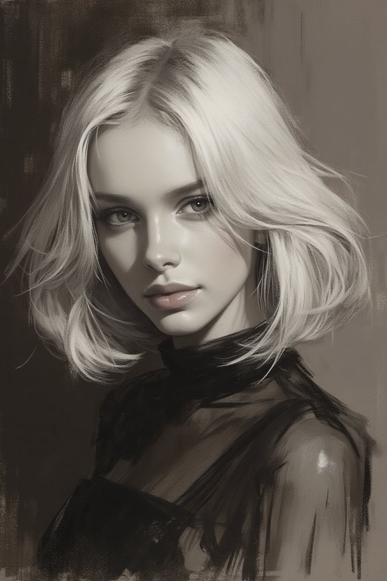 Charcoal Art
Konstantin Razumov
Close-up portrait of a young classy woman
Blonde long bob hair cut, disheveled
glare from the light
Transparent blouse
