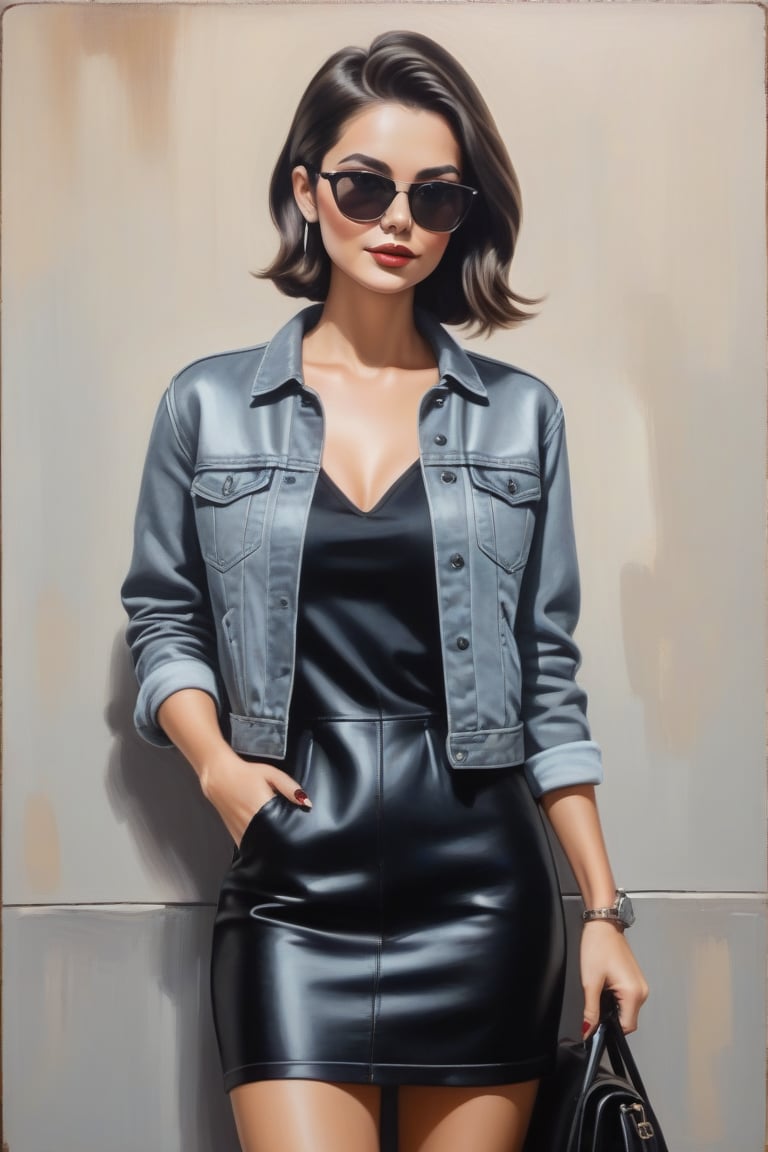 Oil painting art. Painting a classy sexy minx slim woman 30 years old,  brunette long pixie hair cut,  mini black dress by...
