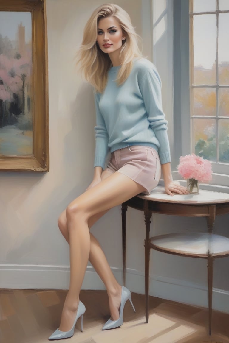 Oil Painting art, Full Lenght  Oil Painting image  of a 30 years old sexy classy minx woman, classy makeup,long blonde hair cut, disheveled, long eyelashes. She wears a pastel color short sweater with short sleeves and just a shiny pantyhose, stilettos pumps.Shy,Smil, looking down. She stands and has having an intimate moment at home. fashion illustration for  Harper's Bazaar,  (ensure to show the shoes)