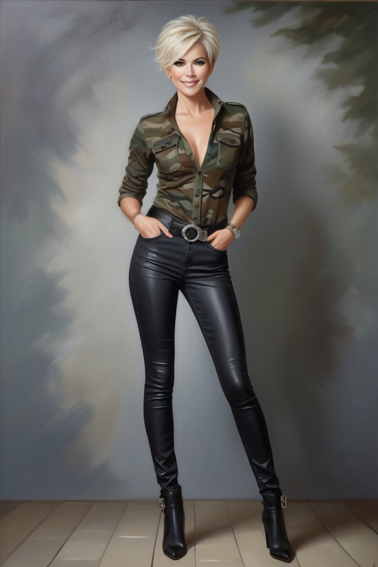 Oil Painting art, Full Lenght detailed portrait of a 50 years old classy sexy minx woman, classy makeup, platinum blonde hair color, long pixie hair cut,  disheveled, she wears a Camouflage Knitted Women's Slim Fit T-Shirt, a black skinny leather jeans,silver buckle belt,stilletos pointed ankle boots. Posing in a elegant background, nice lightening, light smile, standing provocative and sexy, realistic style