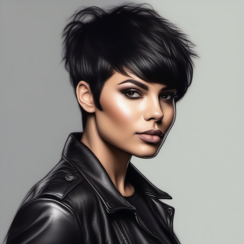 Drawing in color of a woman in pixie hair cut,  raven hair color,  skinny leather jeans by user_744422647051517677 on Tens...