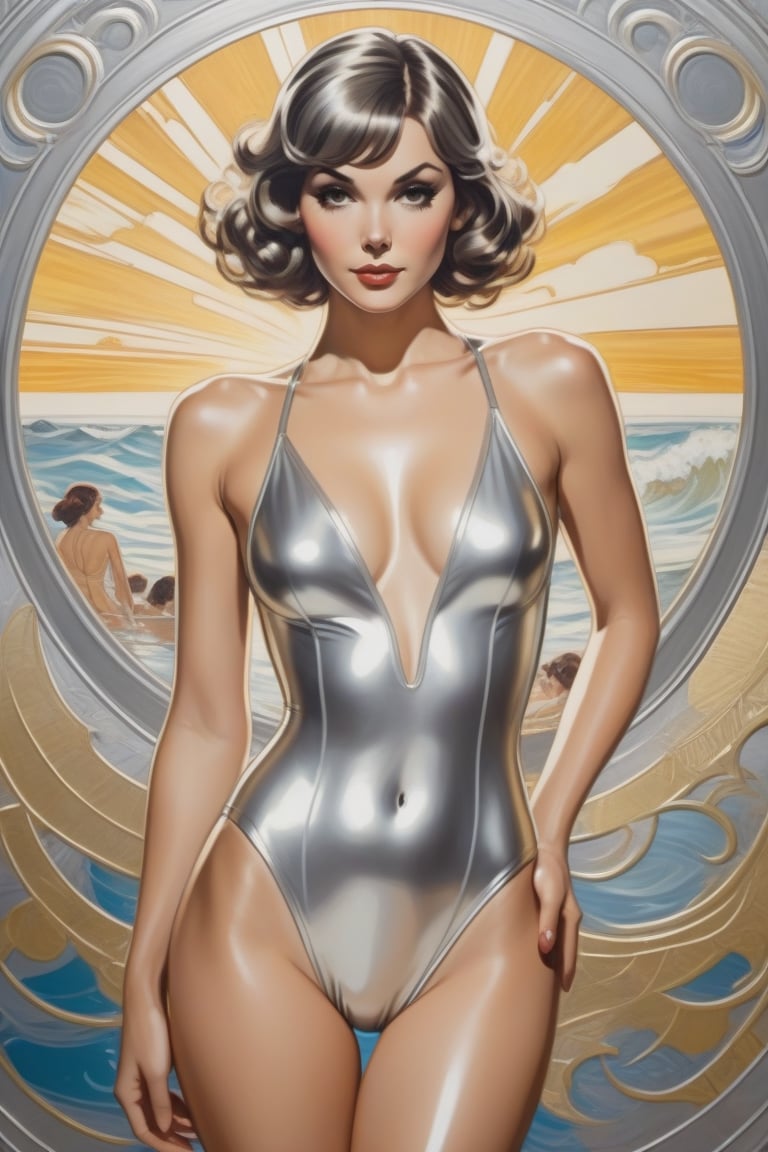 Oil Painting Art. Comics Style Sixties Style,  Super sexy slim pretty face Gwenn Stacy in a high cut WetLook one piece sil...