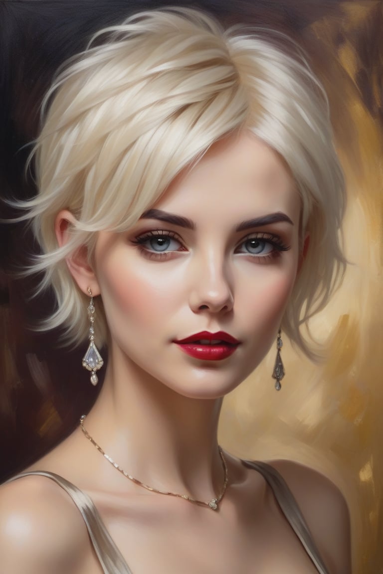 Oil Painting Art.Portrait of a 30 years old classy slim minx women,  classy makeup,  platinum blonde long pixie hair cut b...