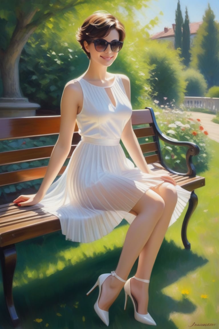 Oil Painting Art. Full Lenght anvasCof a classy sexy slim woman 30 years old,  brunette pixie hair cut,  disheveled by use...