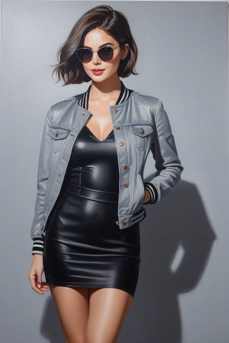 Oil painting art. Waist up portrait of a classy sexy minx slim woman 30 years old,  brunette long pixie hair cut,  mini bl...