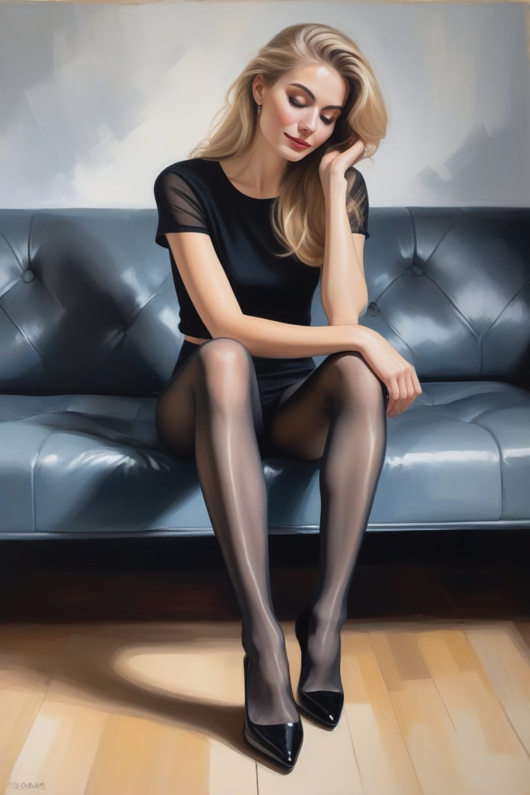 Oil Painting art, Half-Legged Rear View Oil Painting Portrait of a 30 years old sexy classy slim minx woman, classy makeup,long blonde hair cut, disheveled, long eyelashes. Mesh Crop Top (short sleeves) with a shiny  10 deniers seamless pantyhose, nice buttlock,stilettos pumps.Shy,Smile, looking down. Graciously lying on the floor shoeless ,at home. fashion illustration for  Harper's Bazaar.