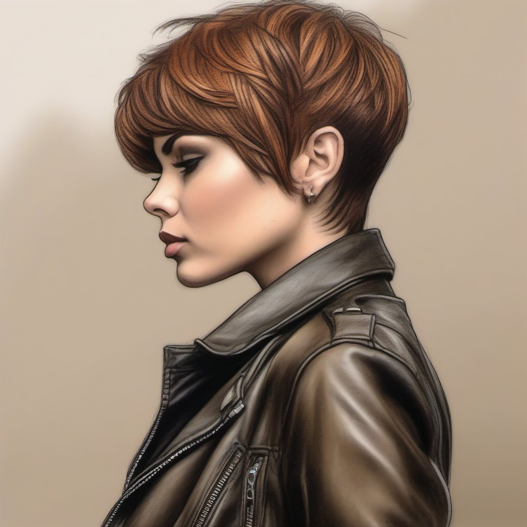 Drawing in color of a woman in pixie hair cut,  skinny leather jeans and leather jacket perfecto,  side view by user_74442...