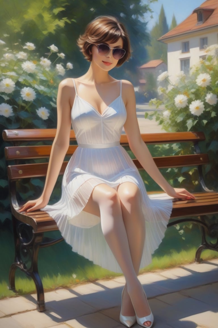 Oil Painting Art. Full Lenght anvasCof a classy sexy slim woman 30 years old,  brunette pixie hair cut,  disheveled by use...