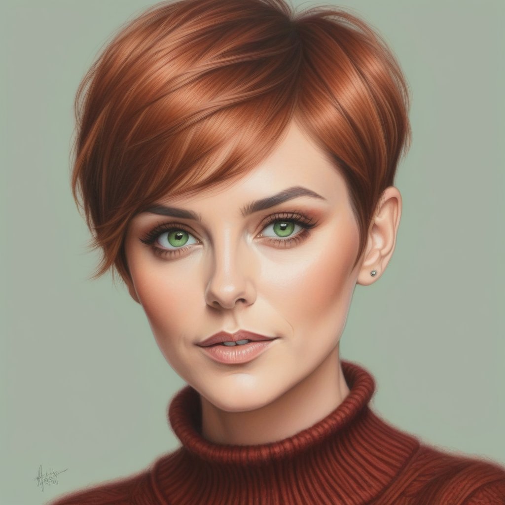 color pencil art,  a 40 years old sexy pixie hair cut copper,  green eye by user_744422647051517677 on Tensor.Art