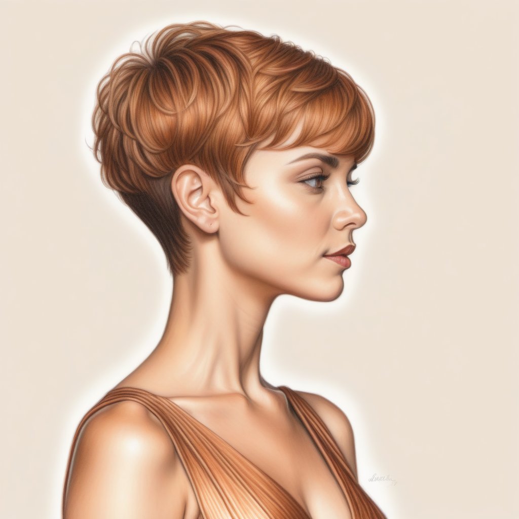 color pencil art,  draw in color pencil of a 30 years old sexy woman,  pixie hair cut copper by user_744422647051517677 on...