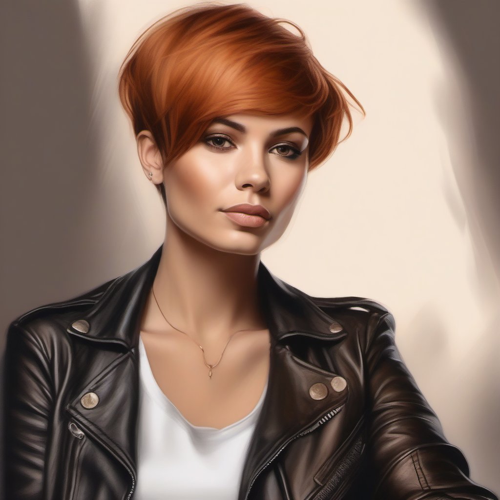 Drawing in color of a woman in pixie hair cut,  copper hair color,  skinny leather jeans by user_744422647051517677 on Ten...