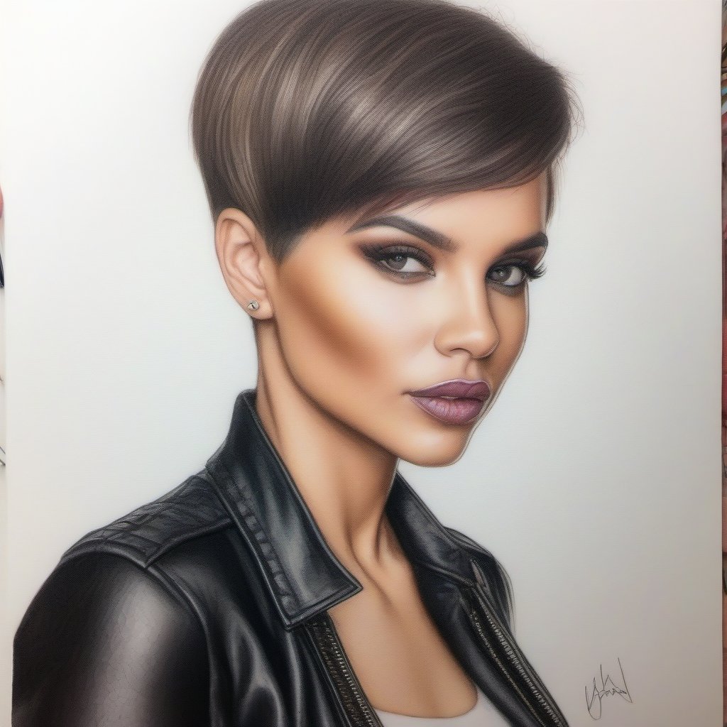 Color Pencil Art. Drawing in color of a woman in pixie hair cut,  raven hair color,  skinny leather jeans by user_74442264...