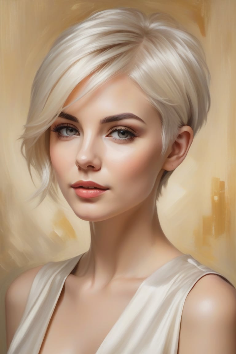 Oil Painting Art.Portrait of a 30 years old classy slim minx women,  classy makeup,  platinum blonde long pixie hair cut b...
