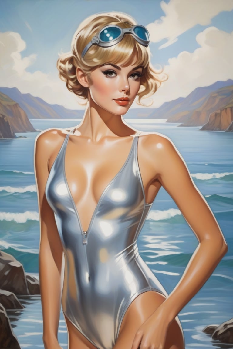 Oil Painting Art. Comics Style Sixties Style,  Super sexy slim pretty face Gwenn Stacy in a high cut WetLook one piece sil...