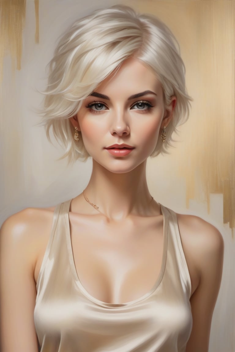 Oil Painting Art.Portrait of a 30 years old classy slim minx women,  classy makeup,  platinum blonde long pixie hair cut b...