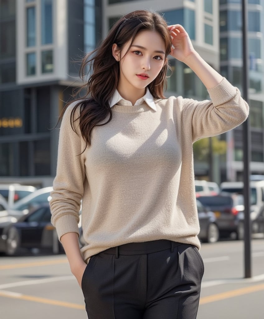 A hyper-realistic and highly detailed image of a healthy 28-year-old woman, fair complexion, wavy black-brown hair tucked in ponytail, big almond-shaped black eyes, with an attractive fuller body shape, full size large bust, she is 

in Sweater with a collared shirt underneath, paired with tailored pants and flats, standing in front of a modern office building, with the wind softly blowing through her hair,

 enhance all, stunning full color,  beauy_ks01, front camera shot, full body shot,