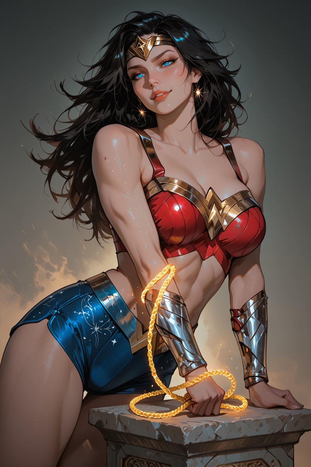 A cinematic,  photorealistic medium shot of a sultry,  beautiful Wonder Woman leaning dynamically against a weathered ston...