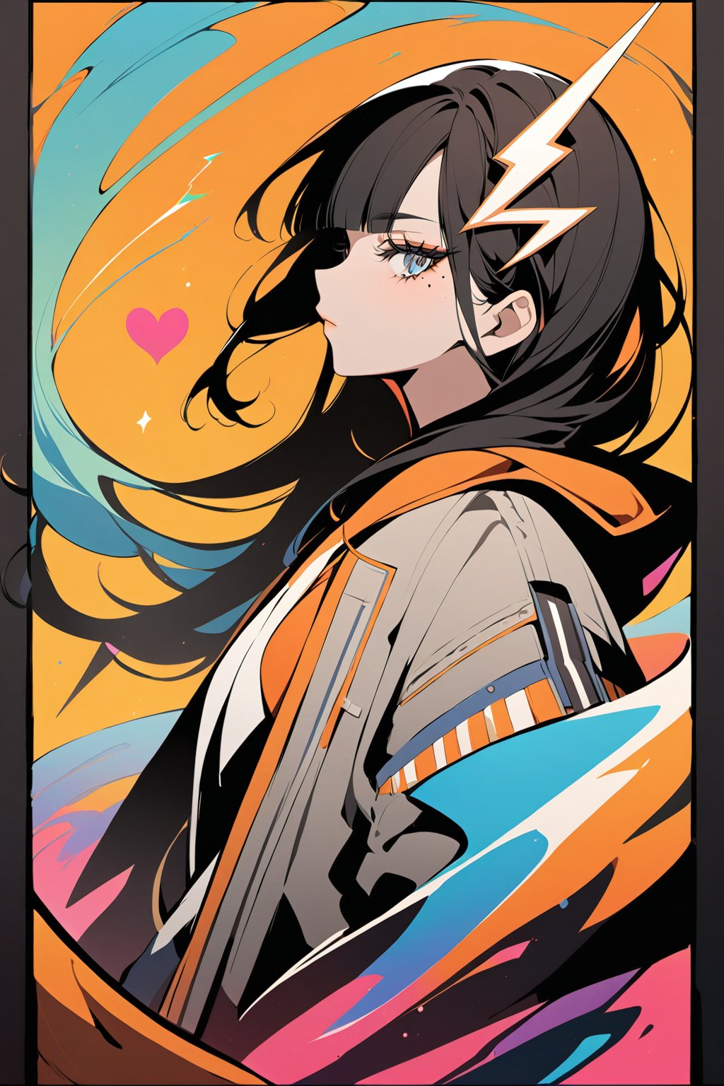 masterpiece, best quality, anime style, super fine illustration, highly detailed, 1girl, solo, long hair, bangs, simple background, beautiful eyes, black hair, （smoking:1.3), hair ornament, heart, blunt bangs, star \(symbol\), mole, mole under eye, vivid background, flat color, colorful, lightning bolt symbol,Colorful art,Flat vector art,Vector illustration,Illustration, full_body,warrior,hoodie,shirts,open cloak,denim,jewelry