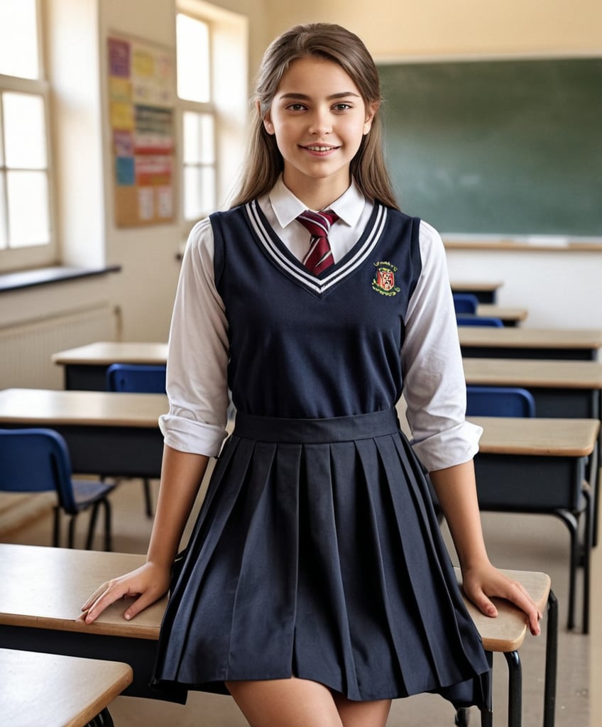 Generate hyper-realistic, hyper detailed image of a beautiful female in school dress, posing in a classroom, natural lighting

