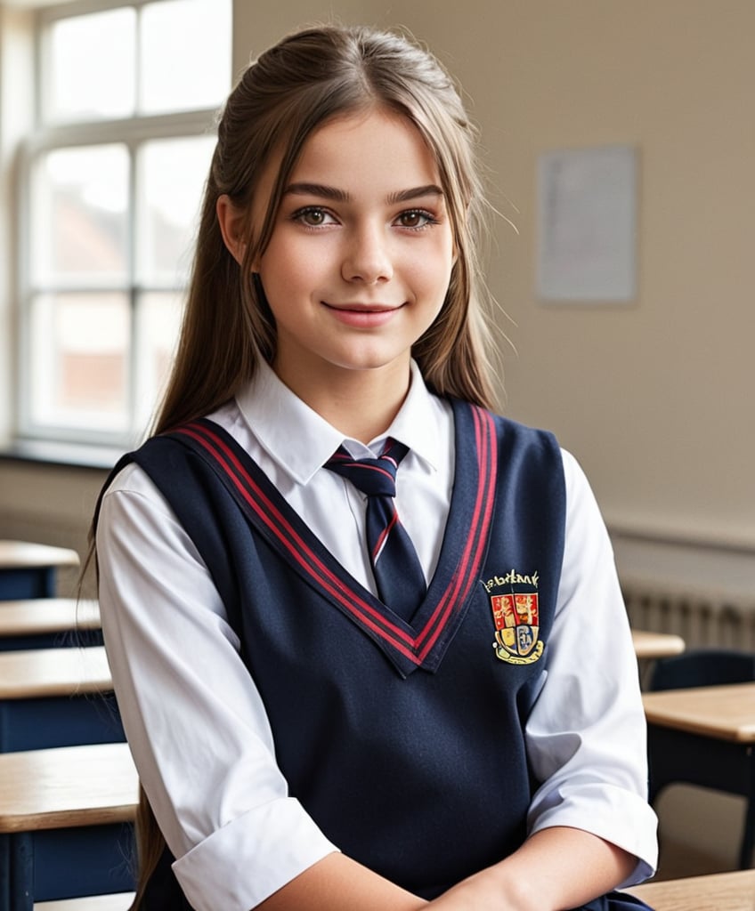 Generate hyper-realistic, hyper detailed image of a beautiful female in school uniform, posing in a classroom, natural lighting

