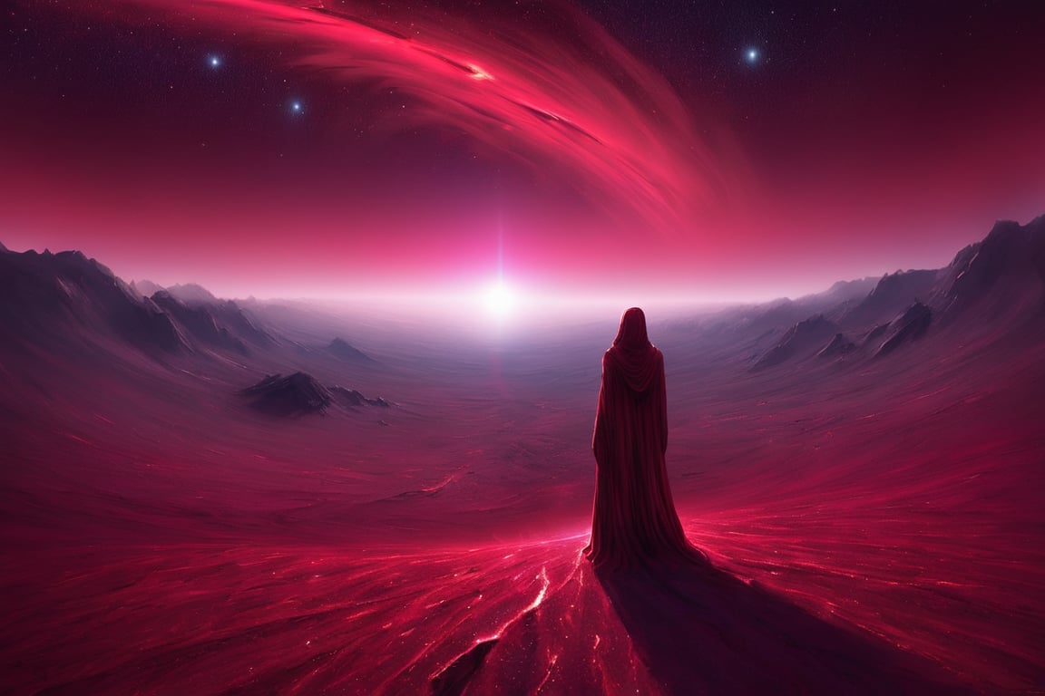 A hauntingly beautiful image: A lone figure stands at the edge of a desolate, crimson-hued landscape, bathed in an otherworldly light that seems to emanate from a distant star. The subject's face is tilted upwards, as if listening intently to whispers carried on the solar winds. The atmosphere is heavy with an air of mystique, the stars twinkling like diamonds scattered across the dark canvas.