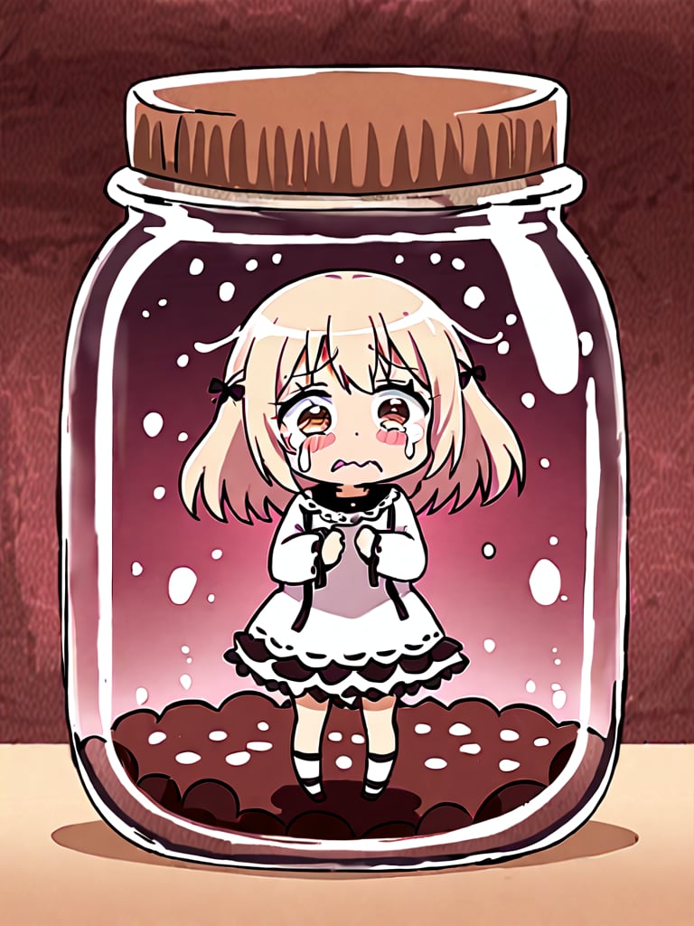 cute loli  in a jar, big eyes, crying, funny, , trapped_in_a_jar, full body, aquacrying, complex background, closed mouth,tearing up, wavy mouth,