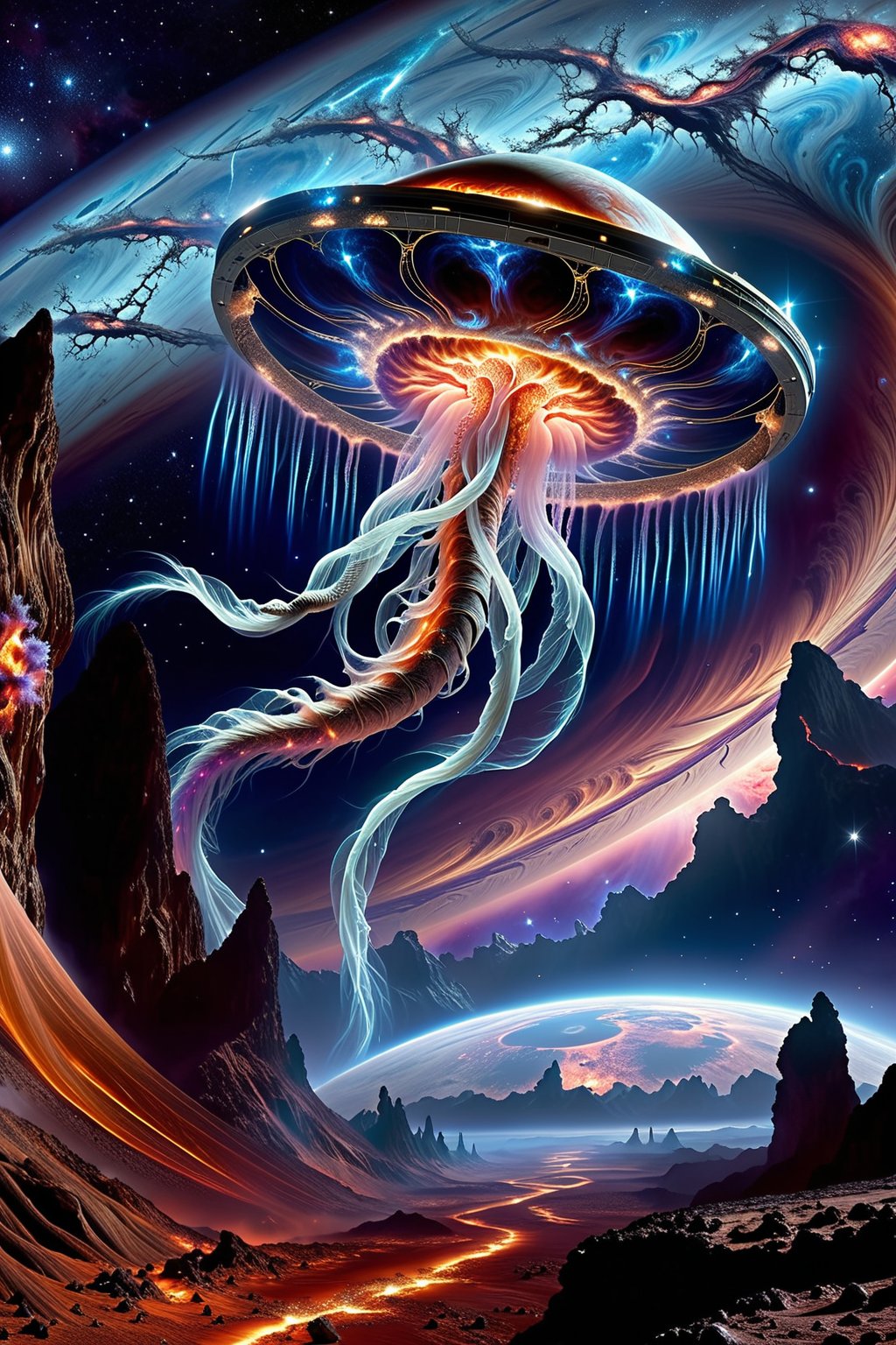 Envision a mesmerizing cosmic landscape deep within the far reaches of the universe,  where an immense,  swirling black ho...