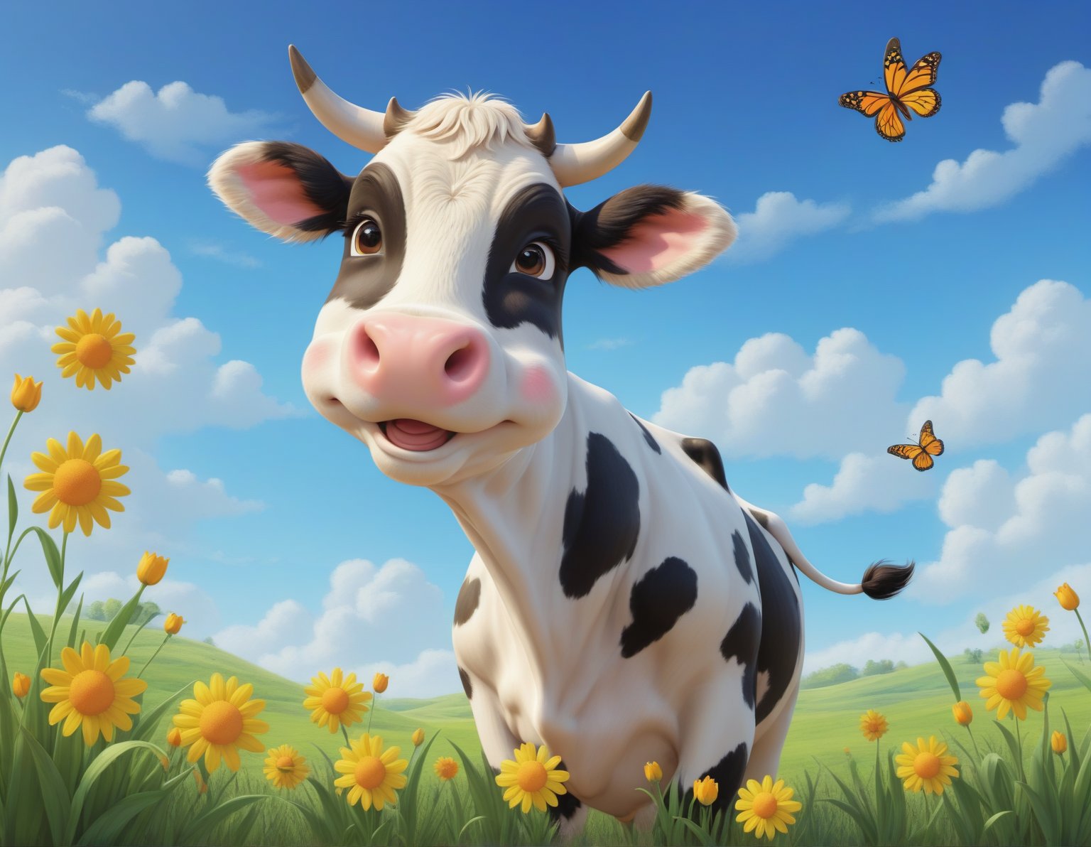 cute cartoon character, cow enjoying springtime flowers, (((masterpiece))),(best quality)