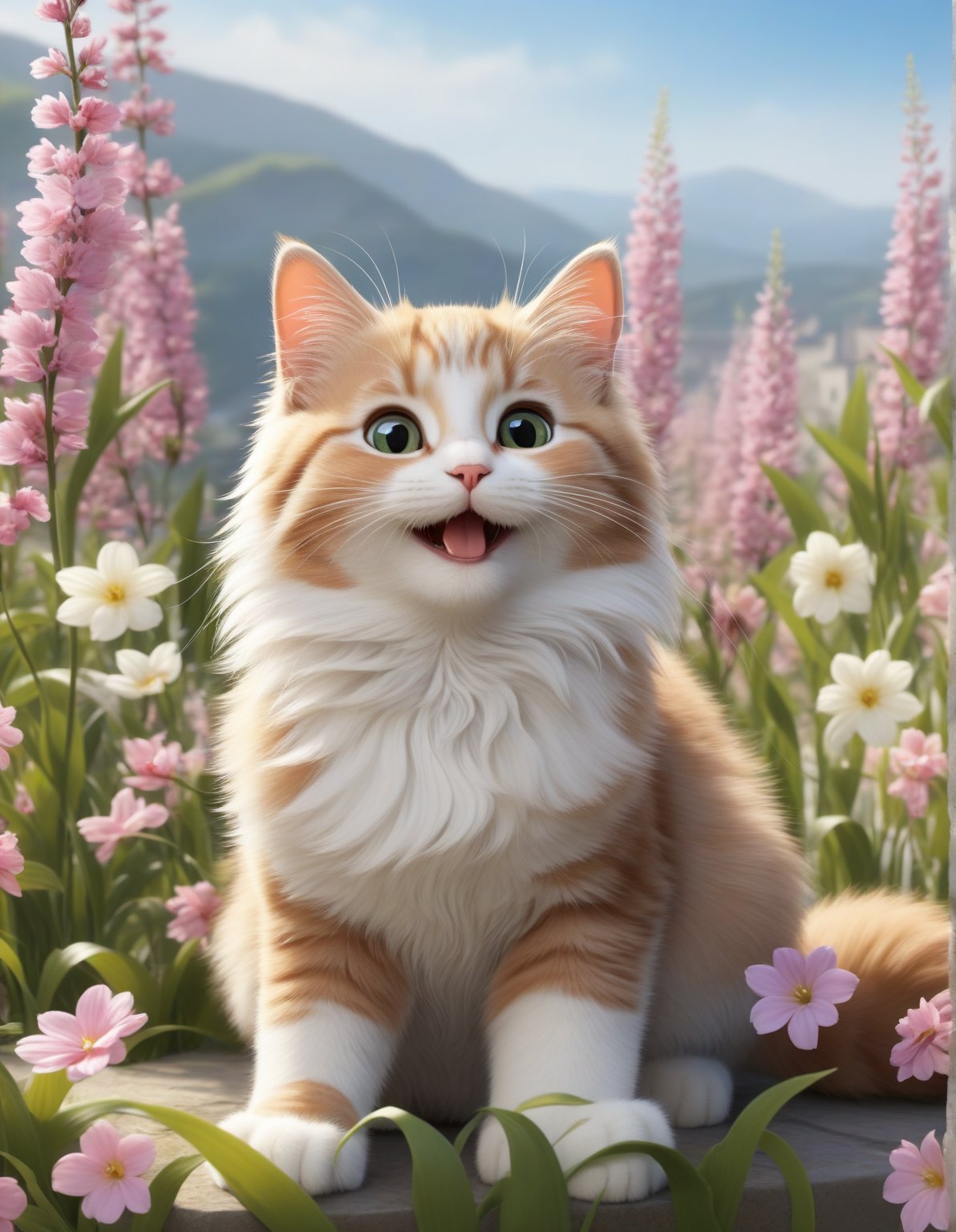 cute cartoon character, cat enjoying springtime flowers, (((masterpiece))),(best quality)