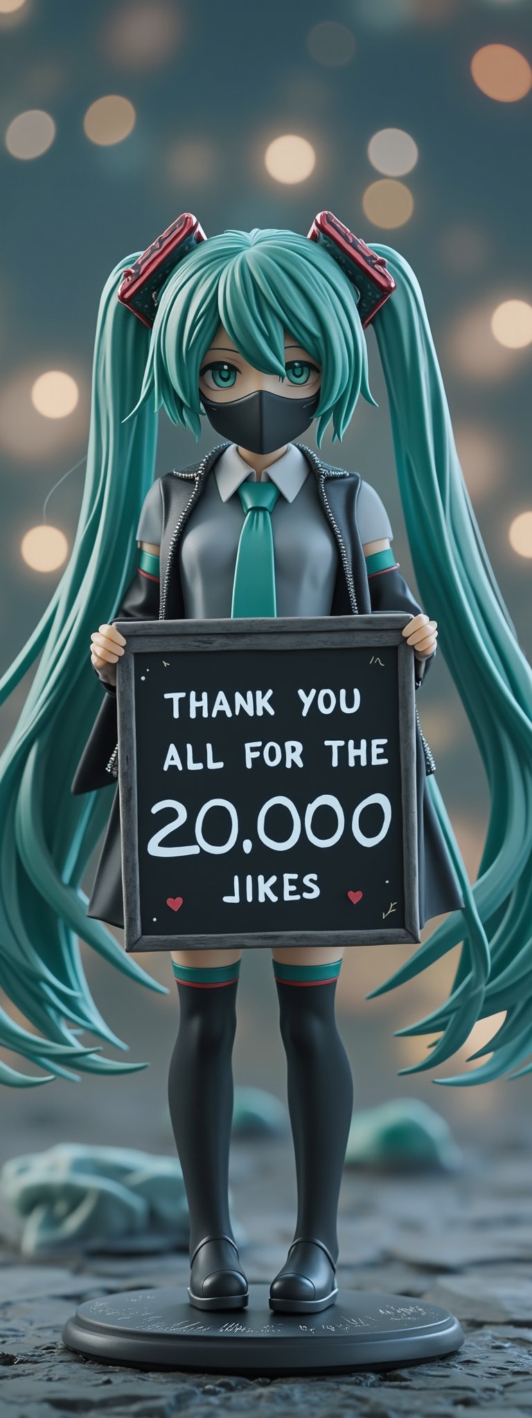 Hatsune Miku, wearing a mask and holding a board that says: "Thank you all for the 20,000 likes",Figurine 